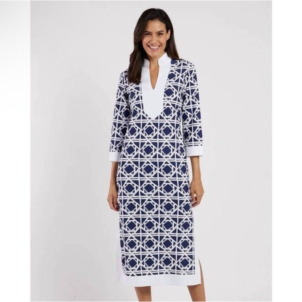 Jude Connally KATIE Dress in Navy Bamboo Rattan Print Sz M Preppy Kaftan